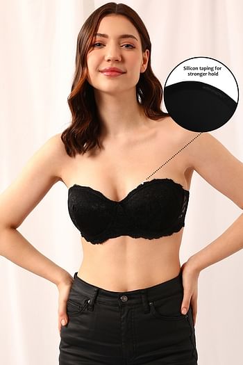 Front listing image for Padded Underwired Full Coverage Multiway Strapless Bra in Black with Balconette Style - Lace