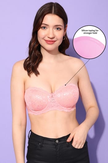 Clovia Padded Underwired Multiway Strapless Bra in Pink - Lace