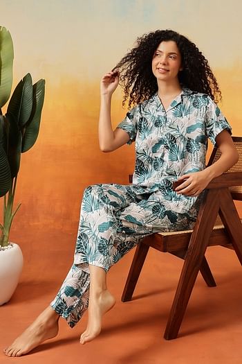 Front listing image for Leaf Print Button-Down Shirt & Pyjama Set in Light Green - Satin