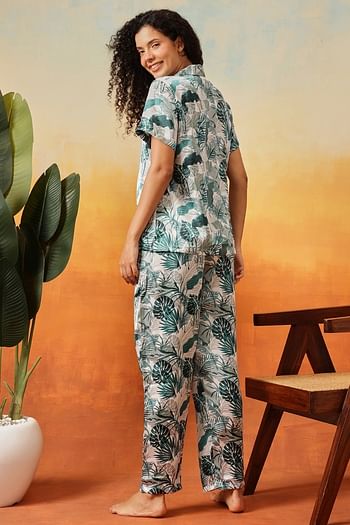 Back listing image for Leaf Print Button-Down Shirt & Pyjama Set in Light Green - Satin