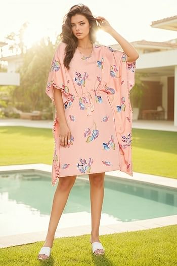 Front listing image for Leaf Print Short Kaftan in Peach Colour - Crepe