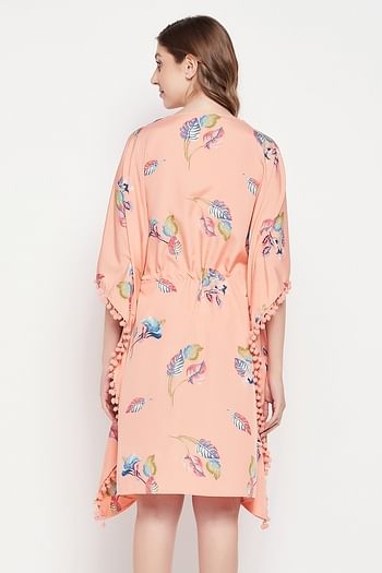 Back listing image for Leaf Print Short Kaftan in Peach Colour - Crepe