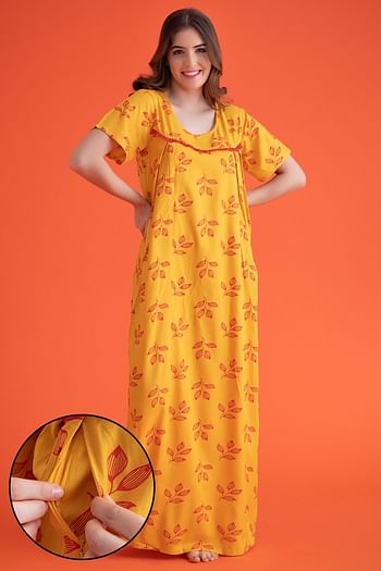 Front listing image for Leaf Print Long Night Dress in Light Yellow - Rayon