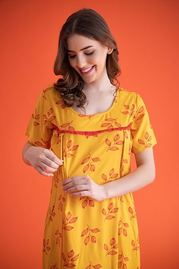 Back listing image for Leaf Print Long Night Dress in Light Yellow - Rayon