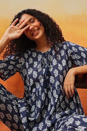 Front listing image for Leaf Print Peplum Top & Pyjama Set in Dark Blue - Rayon