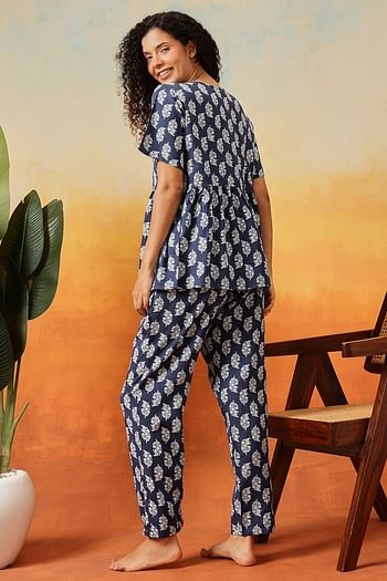 Back listing image for Leaf Print Peplum Top & Pyjama Set in Dark Blue - Rayon