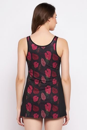 Back listing image for Leaf Print Swim Dress with Attached Shorts in Black	