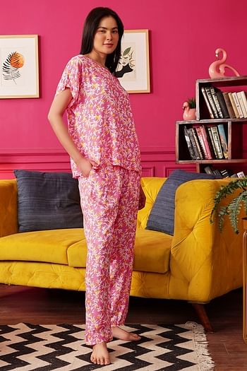 Back listing image for  Printed Top & Pyjama Set in Light Pink- Rayon