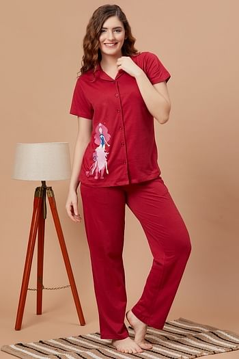 Front listing image for Leo Print Button Down Shirt & Pyjama Set in Maroon - 100% Cotton
