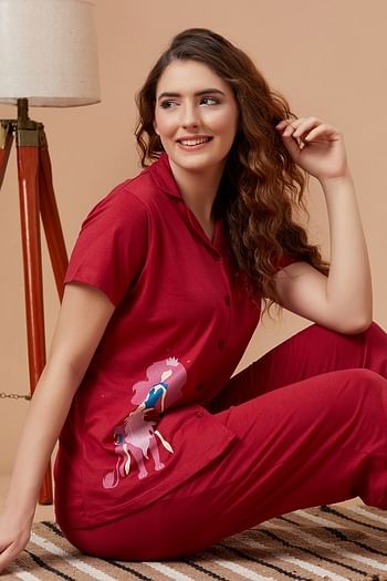 Back listing image for Leo Print Button Down Shirt & Pyjama Set in Maroon - 100% Cotton