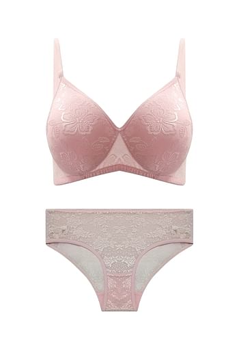 Front listing image for Lightly Padded Non-Wired Bra & Mid Waist Hipster Panty in Baby Pink - Lace	
