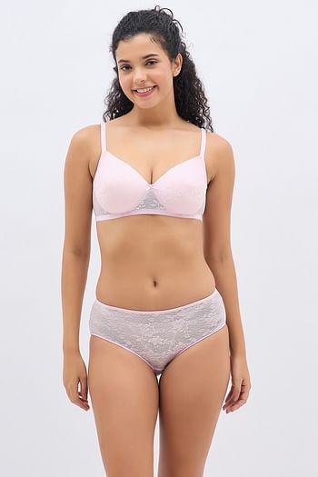 Front listing image for Lightly Padded Non-Wired Bra & Mid Waist Hipster Panty in Baby Pink - Lace	
