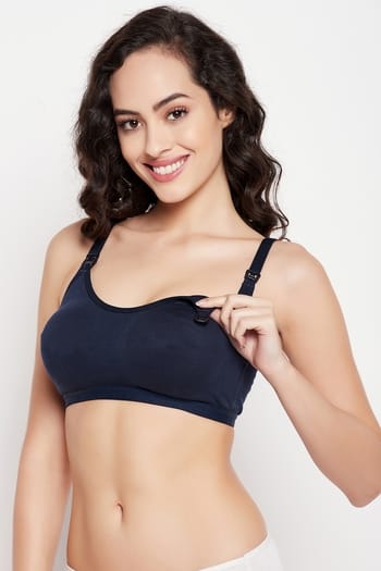 Clovia Lightly Padded Non-Wired Full Figure Feeding Bra in Navy - Cotton Rich