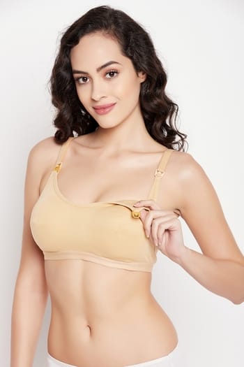 Clovia Lightly Padded Non-Wired Full Figure Feeding Bra in Nude Colour - Cotton Rich