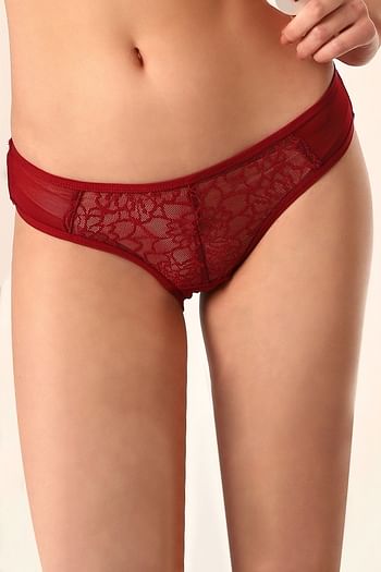 Front listing image for Low Waist Bikini Panty in Maroon with Powernet Panels - Lace	