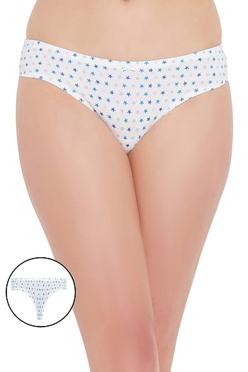 Front listing image for Low Waist Star Print Thong in White with Inner Elastic - Cotton