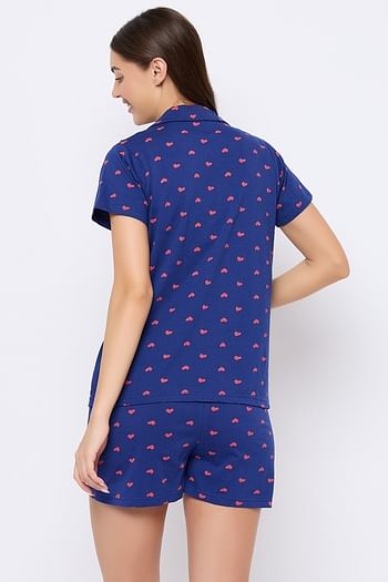 Back listing image for Heart Print Button Down Shirt & Shorts Set in Dark Blue - 100% Cotton	