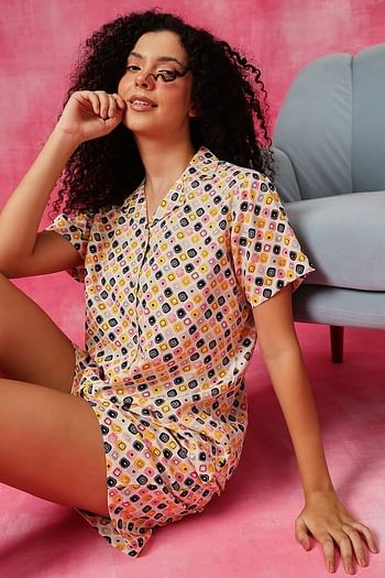 Front listing image for Geometric Print Button-Down Shirt & Shorts Set in White - Rayon	