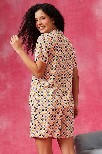 Back listing image for Geometric Print Button-Down Shirt & Shorts Set in White - Rayon	