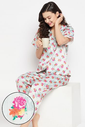 Front listing image for Pretty Florals Button Down Shirt & Pyjama Set in Light Grey - Satin