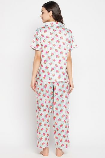 Back listing image for Pretty Florals Button Down Shirt & Pyjama Set in Light Grey - Satin