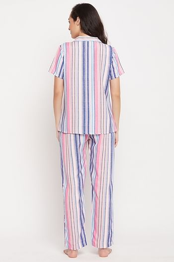 Back listing image for Sassy Stripes Button Down Shirt & Pyjama Set in Multicolour - Rayon