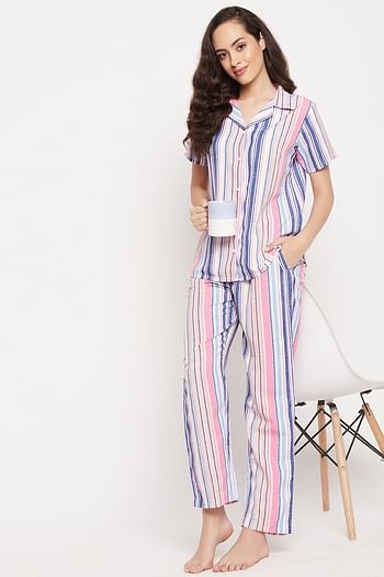 Front listing image for Sassy Stripes Button Down Shirt & Pyjama Set in Multicolour - Rayon
