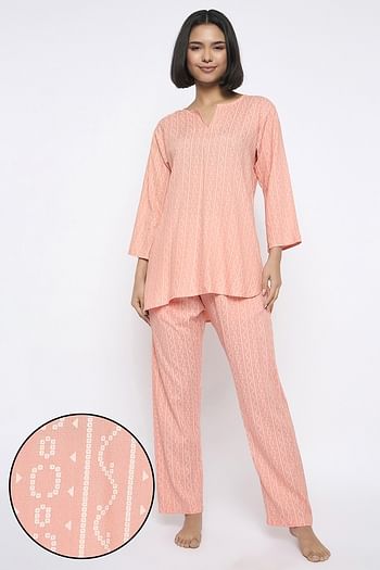 Front listing image for Paisley Print Kurta Top & Pyjama Set in Peach Colour - Rayon