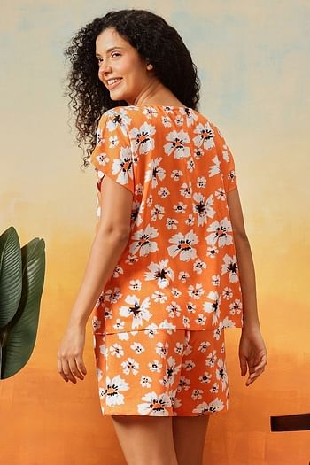 Back listing image for Floral Print Top & Shorts Set in Orange Colour - Rayon	