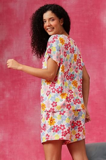 Back listing image for Floral Print Top & Shorts Set in White - Rayon	