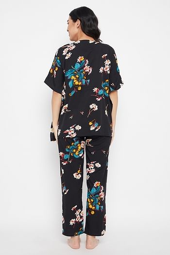 Back listing image for Pretty Florals Kaftan Top & Pyjama Set in Black - Crepe