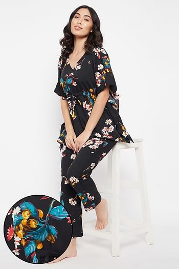 Front listing image for Pretty Florals Kaftan Top & Pyjama Set in Black - Crepe