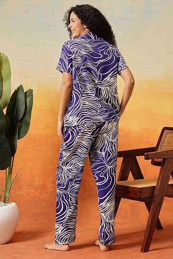 Back listing image for Printed Button Down Shirt & Pyjama Set in Royal Blue - Rayon	