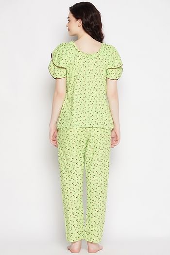 Back listing image for Printed Top & Pyjama Set in Light Green- 100% Cotton