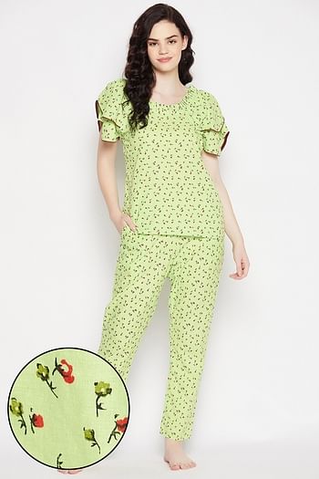 Front listing image for Printed Top & Pyjama Set in Light Green- 100% Cotton