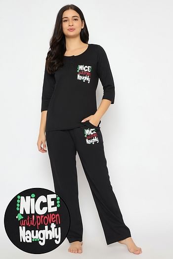 Front listing image for Text Print Top & Pyjama Set in Black - 100% Cotton