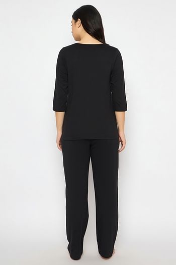 Back listing image for Text Print Top & Pyjama Set in Black - 100% Cotton