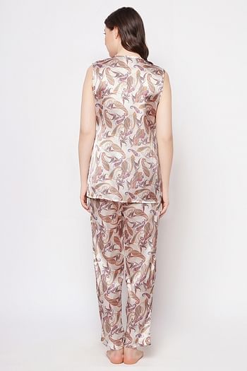 Back listing image for Paisley Print Angrakha Top & Pyjama Set in Cream Colour - Satin