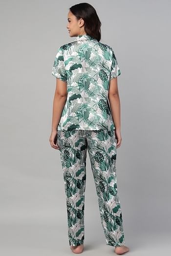 Back listing image for Leaf Print Button-Down Shirt & Pyjama Set in Light Green - Satin