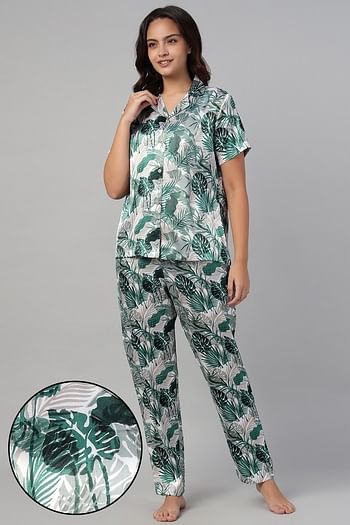 Front listing image for Leaf Print Button-Down Shirt & Pyjama Set in Light Green - Satin