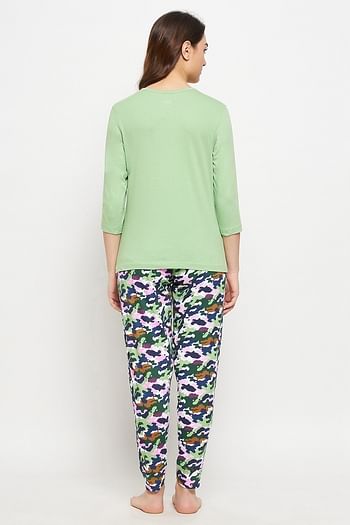 Back listing image for Chic Basic Top & Camouflage Print Pyjama in Mint Green - 100% Cotton