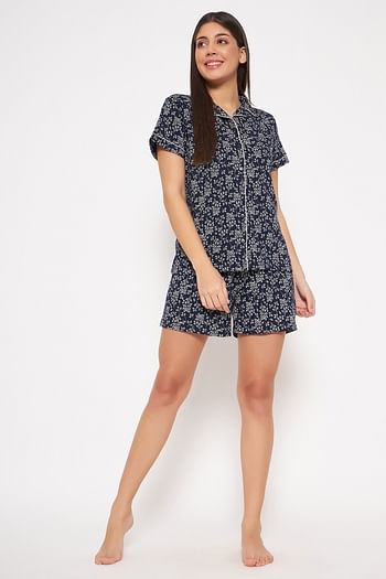 Front listing image for Pretty Florals Button Down Shirt & Shorts Set in Navy - 100% Cotton