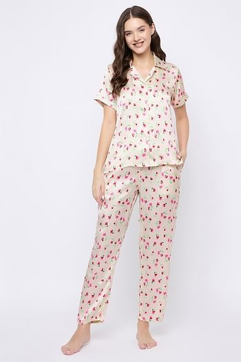 Front listing image for Pretty Florals Button Down Shirt & Pyjama Set in White - Satin	