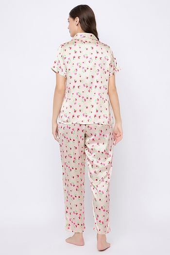 Back listing image for Pretty Florals Button Down Shirt & Pyjama Set in White - Satin	