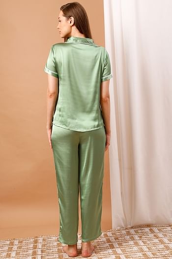 Back listing image for Chic Basic Button Down Shirt & Pyjama Set in Sage Green - Satin