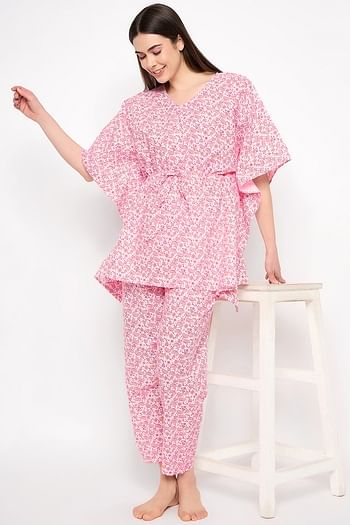 Front listing image for Print Me Pretty Kaftan Top & Pyjama Set in Pink - Rayon