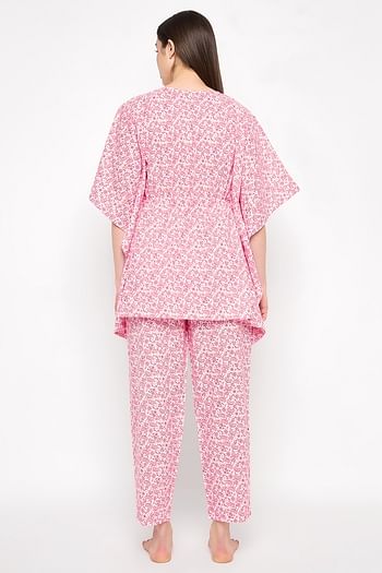 Back listing image for Print Me Pretty Kaftan Top & Pyjama Set in Pink - Rayon
