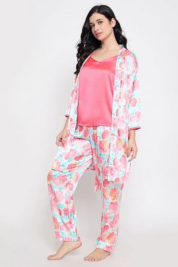 Back listing image for Floral Print 3 Piece Nightwear Set in Peach Colour - Satin
