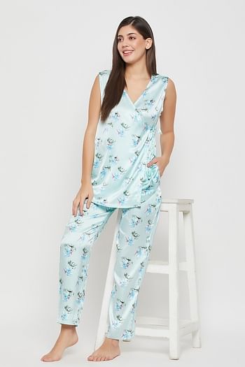 Front listing image for Pretty Florals Angrakha Top & Pyjama Set in Baby Blue - Satin
