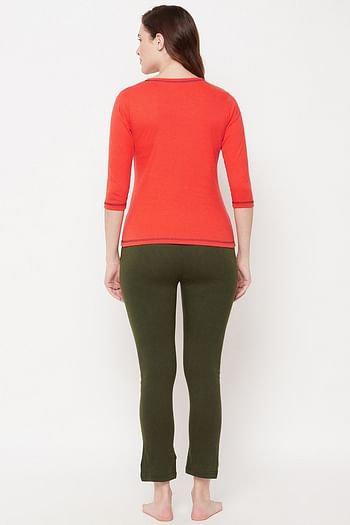 Back listing image for Chic Basic Top & Pyjama Set in Orange & Olive Green - 100% Cotton